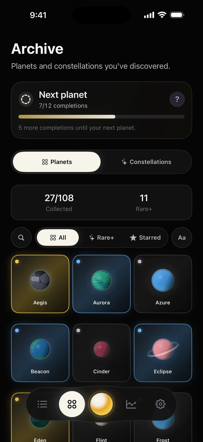 Solyx Archive showing discovered planets and collection progress