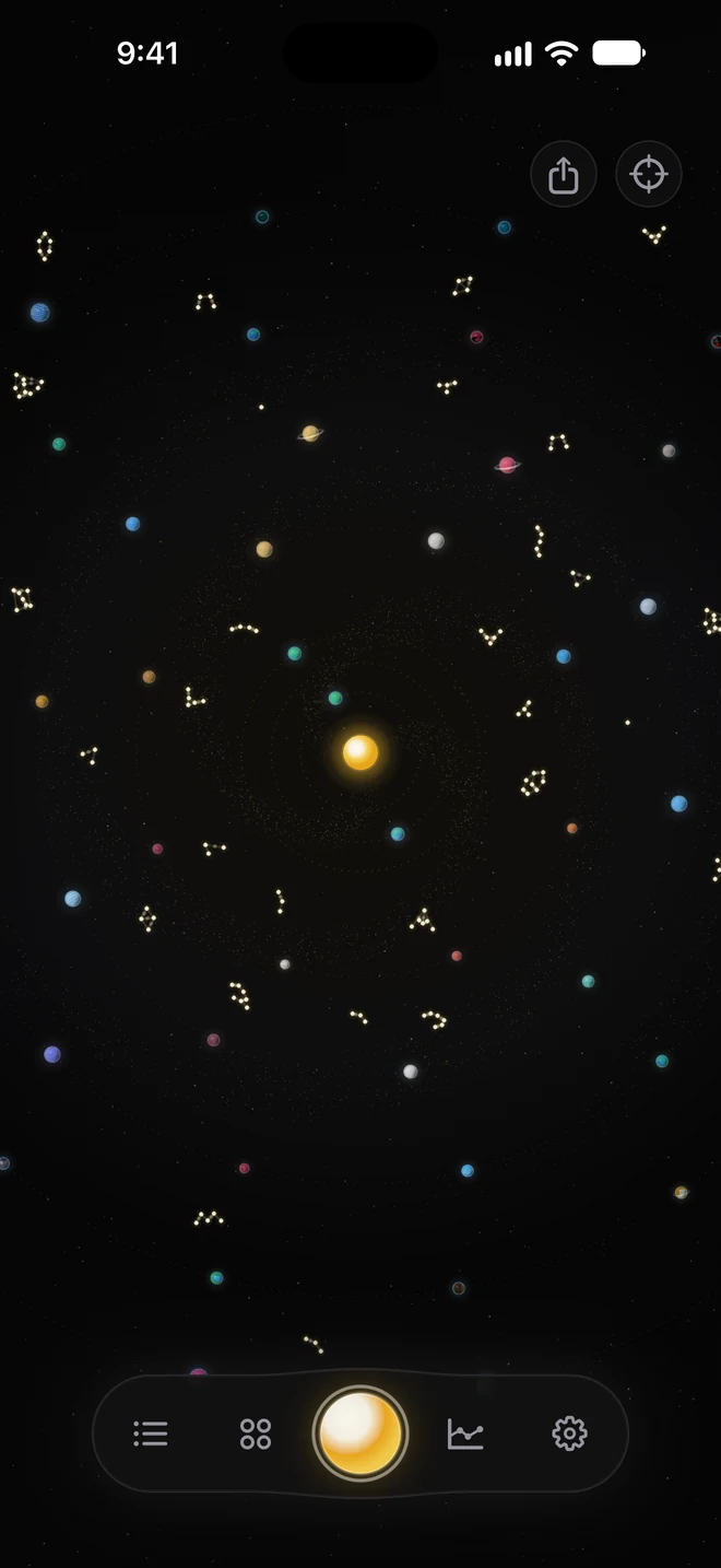 Solyx Galaxy with constellation bands, spiral dust, and a golden sun among habit planets