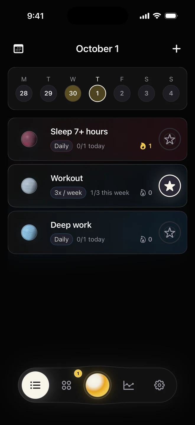 Solyx habit list with flexible schedules and completion buttons